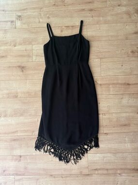 Vintage Harolds Black Fringe Hem Midi Dress Square Neck 90s Minimalist Chic